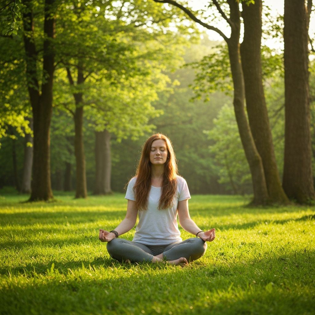 Person practicing peaceful meditation in natural outdoor setting during soft morning light, demonstrating mindfulness and wellness therapy techniques